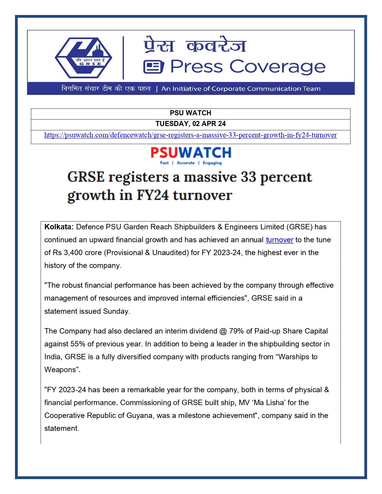 Press Coverage : PSU Watch, 02 Apr 24 : GRSE registers a massive 33 percent growth in FY24 turnover